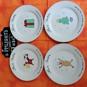 Merry Brite Set of 4 Christmas Plates Salad Dessert Gold Trim